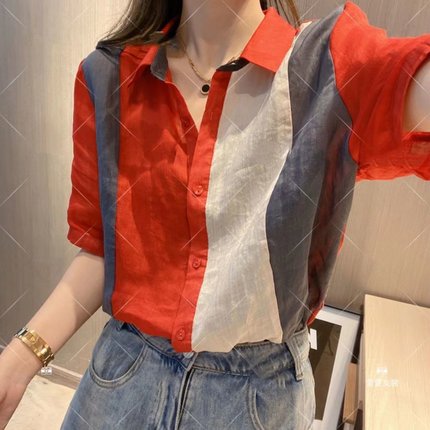 韩版拼接撞色短袖衬衫女2024夏季新款设计感小众气质减龄百搭上衣
