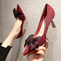 婚鞋秀禾婚纱中式红色高跟鞋女2023年春季新款尖头细跟蝴蝶结单鞋