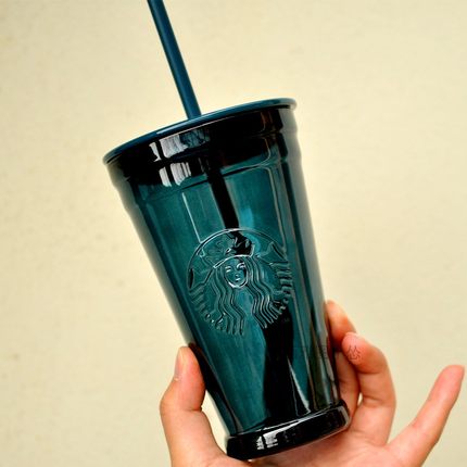 星巴克杯子北美环保玻璃吸管水杯女神周年庆墨蓝色黑色厚实办公室