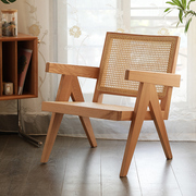北欧客厅藤编椅单人沙发椅子诧寂风格设计师休闲简约实木中古躺椅