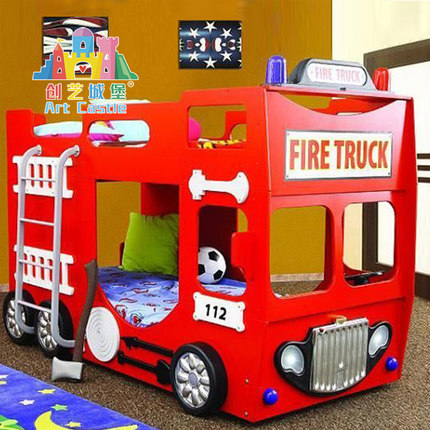 创艺城堡多功能消防车双层床高低床定制实木儿童床汽车床上下床