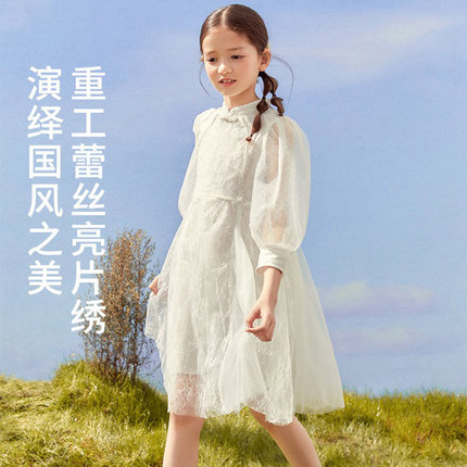 2024夏季新款女童中国风灯笼袖连衣裙中大童法式蕾丝网纱公主裙子