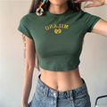 #Sisjuly#美式街头个性复古修身T恤女墨绿色字母刺绣显瘦露脐上衣