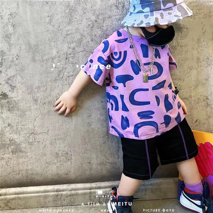 韩版儿童炸街短袖T恤夏季男女宝宝字母潮流宽松休闲圆领紫色上衣