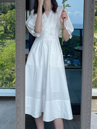 运费险+现货】24夏季新款白色收腰显瘦泡泡袖宽松连衣裙裙女装