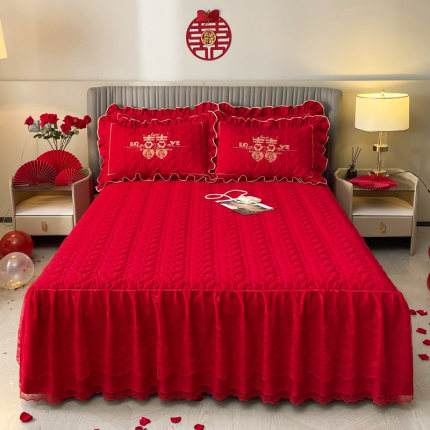 红色喜庆夹棉加厚床裙蕾丝花边婚庆床罩结婚用1.8m2米双人床套子