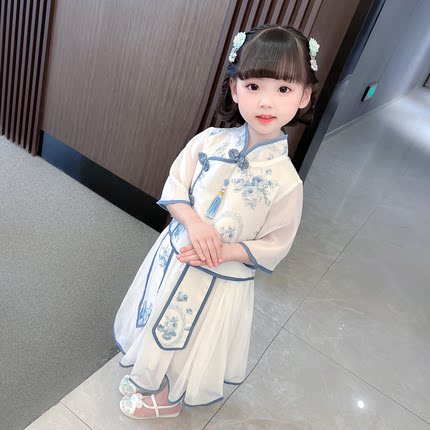 女童中国风青花瓷套装汉服儿童春夏女连衣裙演出服古装公主裙裙子