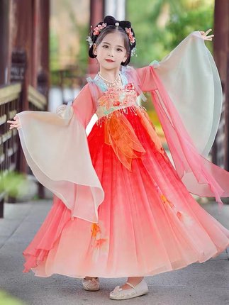 时尚古风超仙汉服襦裙过年汉服小女孩中国风唐装儿童橘色连衣裙