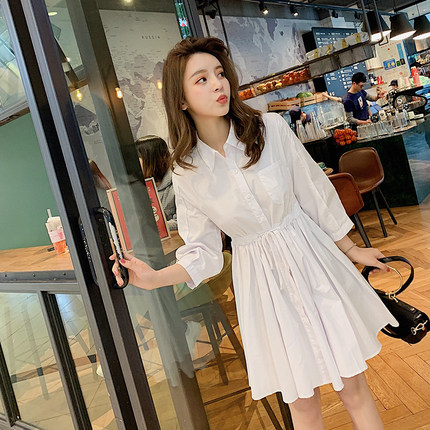 2019新款韩版夏季修身很仙a字衬衫裙法式复古裙中长款小众连衣裙