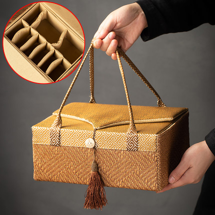 茶具收纳包防震布袋保护包外出旅行携式仿制竹编棉麻茶壶杯整理盒