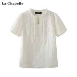拉夏贝尔/La Chapelle夏季新中式国风泡泡袖木耳边盘扣短袖衬衫女