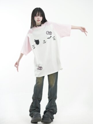 咖喱人夏季新款亚文化骷髅猫猫印花T恤亚比宽松卡通短袖上衣女
