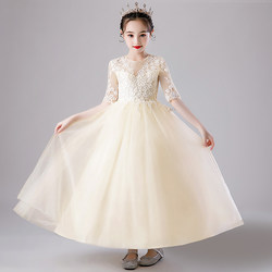 女童夏款韩版公主裙蕾丝拼接中袖网纱礼服裙中大童表演服装蓬蓬裙