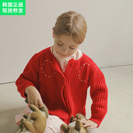 锦小和和bien韩国童装女童毛衣开衫2023新款儿童羊毛红色针织外套