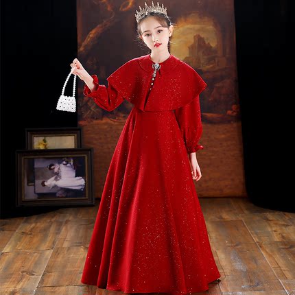 小女孩十岁宴公主裙钢琴秋冬带披肩儿童唱红歌爱国主题持演讲礼服