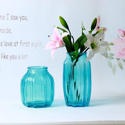 地中海蓝色玻璃花瓶 客厅摆件插花瓶 小清新创意透明花瓶装饰瓶