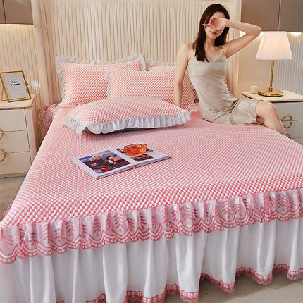 韩式蕾丝边床裙款冰丝凉席三件套夏季凉感床单可水洗可折叠豆豆席