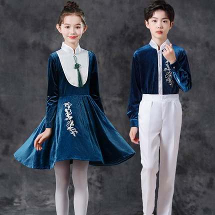 儿童大合唱团演出服长袖男女童小学生诗歌朗诵比赛服中国风表演服