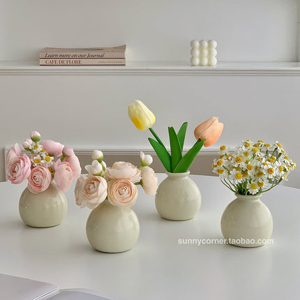 奶油风高级感陶瓷花瓶仿真花装饰摆件ins欧式客厅插花迷你小花器