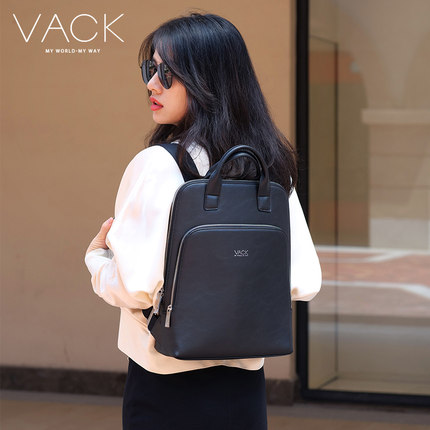 VACK时尚商务隐藏背带头层牛皮女背包14寸电脑包轻薄小巧女双肩包