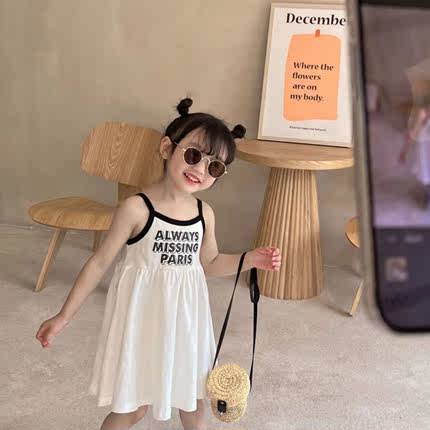 婴儿吊带裙夏季女童连衣裙宝宝洋气背心裙子儿童韩版字母印花时髦