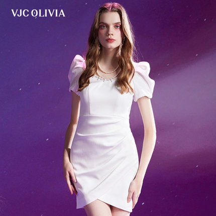 VJC OLIVIA2024夏季法式方领连衣裙白色简约褶皱重工钉珠A短裙女