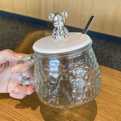 高颜值可爱小熊带盖勺耐热玻璃水杯马克杯女生办公室咖啡杯花茶杯