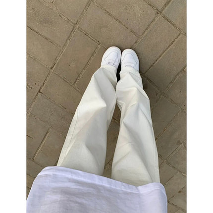 白色高腰直筒牛仔裤女春秋款小个子显瘦显高垂感阔腿裤宽松拖地裤