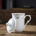 陶瓷茶杯带盖办公会议杯女士泡茶高白泥金边花鸟传统家用商用水杯