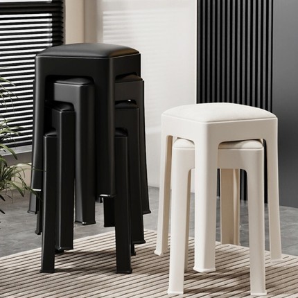 塑料凳子家用加厚可叠放软包高板凳现代简约客厅餐桌备用胶凳椅子