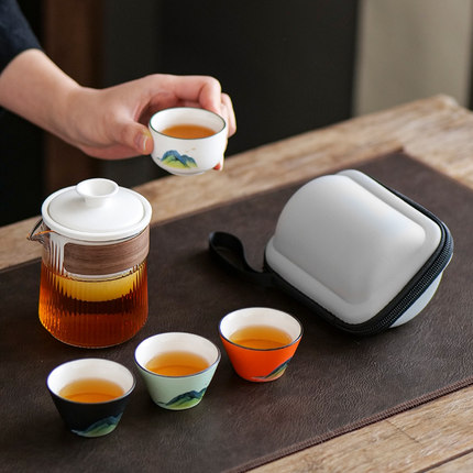 玻璃快客杯旅行茶具套装便携式个人旅游随身包户外功夫茶杯泡茶壶