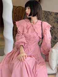 法式粉色长袖衬衫连衣裙女春秋季娃娃领复古长裙子公主裙