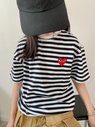 儿童短袖t恤黑白条纹爱心T恤2023夏季新款日系潮牌亲子装上衣