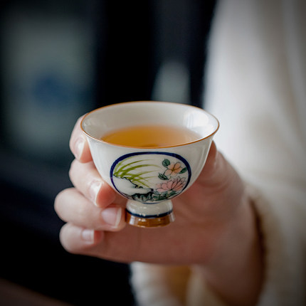 纯手绘花颜陶瓷高足茶杯家用品茗杯单个主人杯功夫茶具喝茶杯中式
