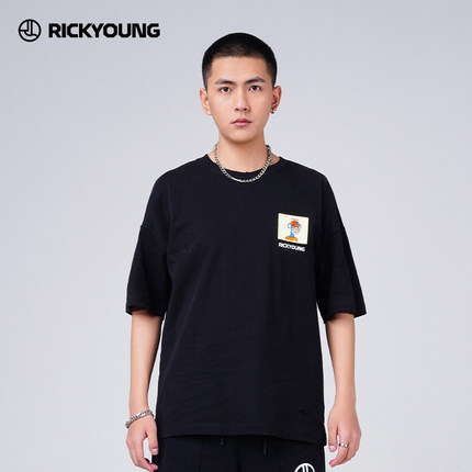 无聊猿猴BAYC联名RICKYOUNG原创设计师夏季绣标猿头重磅纯棉短袖