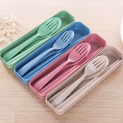 小麦秸秆便携餐具三件套 创意韩国儿童勺子筷子叉套装学生礼盒