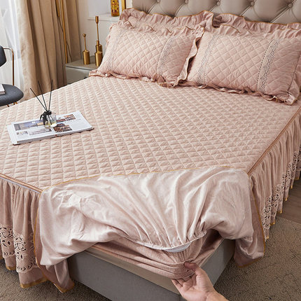 可拆洗床裙式床笠三件套纯色夹棉加厚二合一蕾丝边床罩1米8床围套