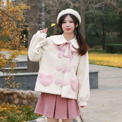 土曜日JK新年款冬季兔绒绒外套加厚加绒粉色学院风可爱学生套装