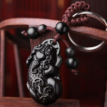 黑檀木雕刻貔貅麒麟关公钥匙扣吊坠项链方章
