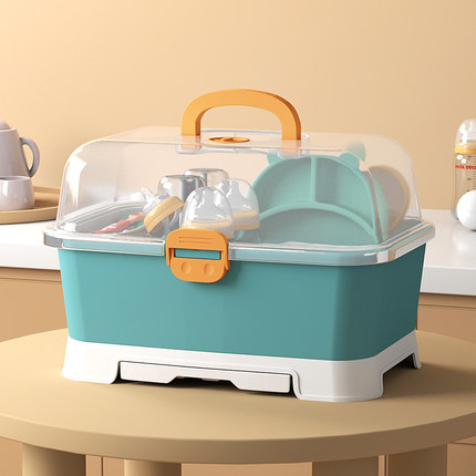 宝宝餐具收纳盒碗筷奶瓶收纳盒防尘沥水婴儿大容量辅食工具收纳箱