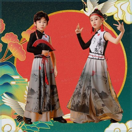 儿童六一新款古典舞国潮水墨走秀演出服改良汉服中国风古装舞蹈服