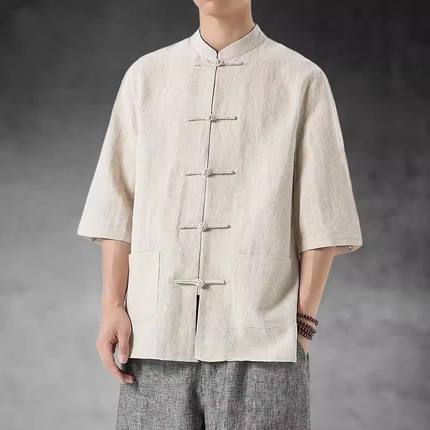 亚麻t恤男款夏季新中式短袖潮牌中国风男装棉麻半袖大码唐装上衣