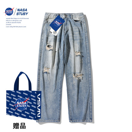 NASA官方潮牌2024夏季薄款破洞牛仔裤男宽松直筒美式高街休闲裤子