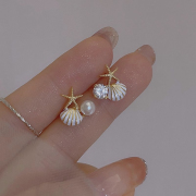 925纯银海星贝壳珍珠耳钉设计感简约个性小巧甜美耳环夏季女耳饰