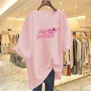 粉色短袖t恤女纯棉2023年新款夏季欧货大版粉红豹宽松中长款上衣