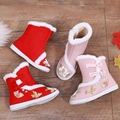 冬季汉服女童加绒加厚短靴红色粉色中国风过年喜庆绣花老北京棉鞋
