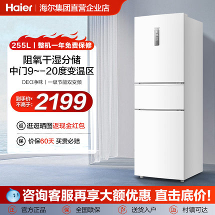 海尔255L三开门家用小型电冰箱风冷无霜一级双变频出租房宿舍白色