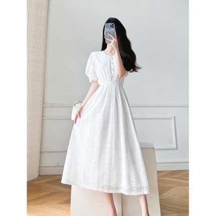 白色蕾丝连衣裙女夏仙女超仙森系白裙子长款法式收腰气质长裙夏季