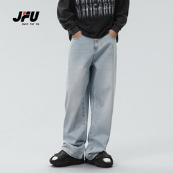 JFU 美式高街阔腿牛仔裤男款夏季薄款宽松直筒长裤子男百搭韩版潮
