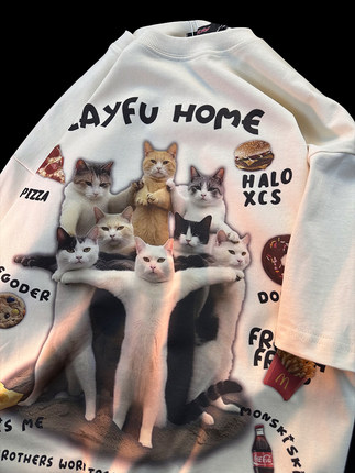 CURPOPP创意猫咪趣味印花短袖T恤男女同款2024夏季可爱情侣装上衣